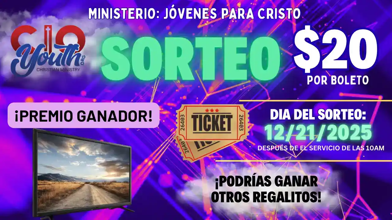 Youth ministry lottery raffle for young Christians, prize includes TV, $20 ticket, draw date 12/21/2025, organized by CIO Youth Org.